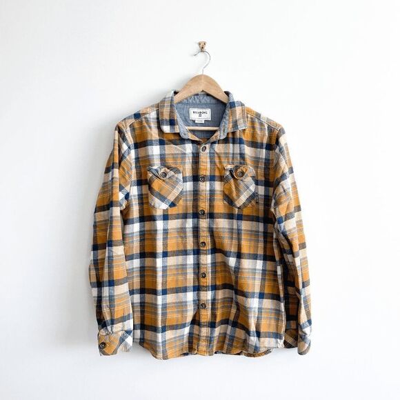 Billabong Men's Yellow Plaid Flannel Two Pockets Buttons Up Long Shirt Shacket L - Picture 1 of 7